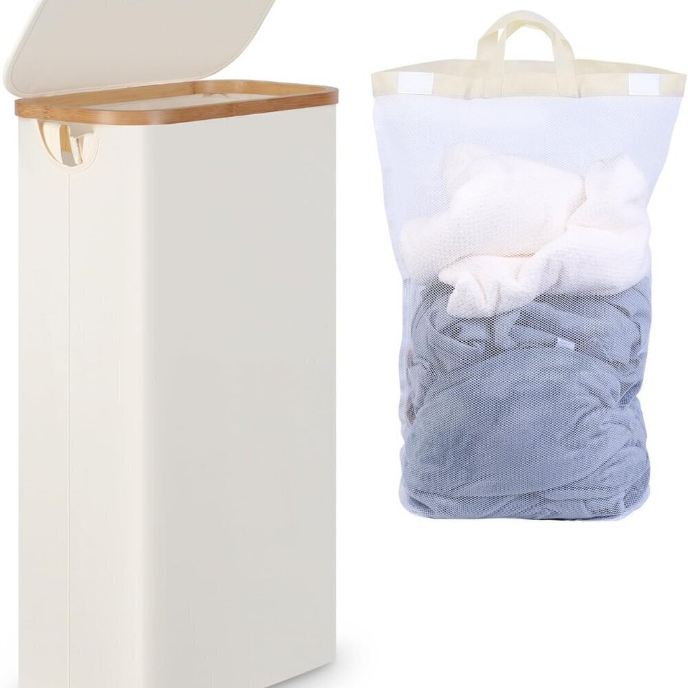 Bamboo Laundry Hamper 63L Slimline Basket with Lid